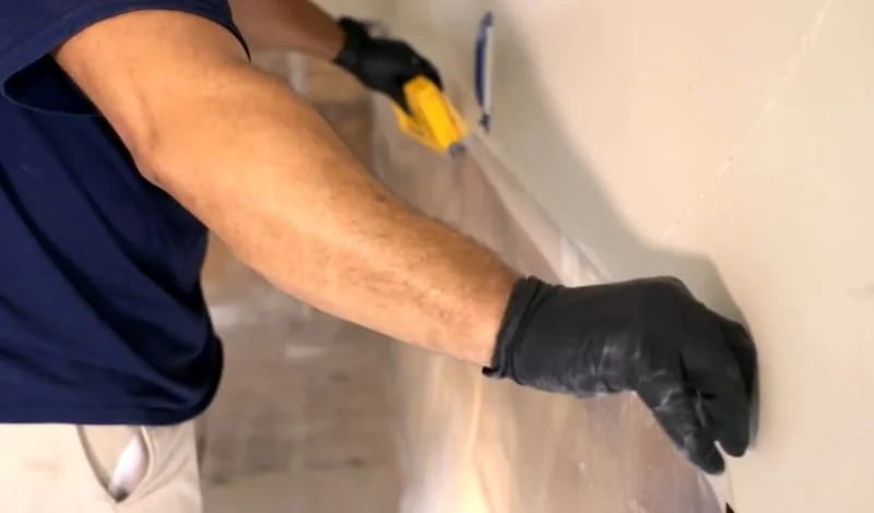 Technician hanging plastic sheeting to build a sealed mold containment area