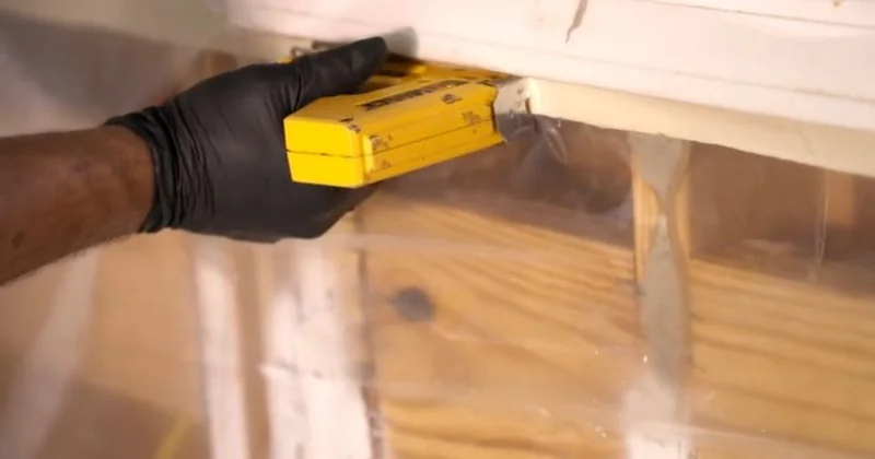 Stapling 6-mil plastic sheeting to framing to seal off a mold remediation work area